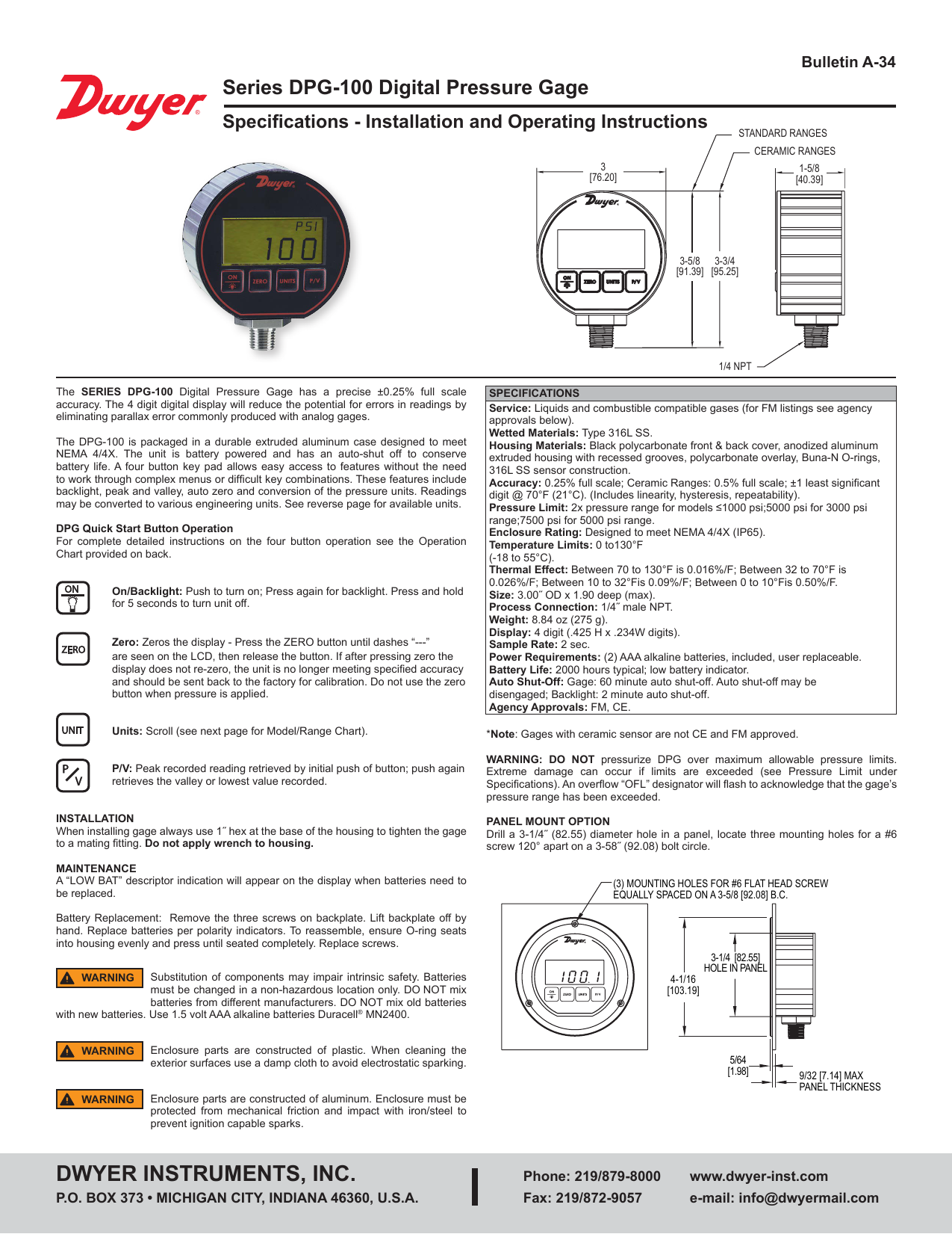 1/4 In Mnpt, Dwyer Instruments Dpg-109 Digital Pressure Gauge 0 To 1000 Psi 