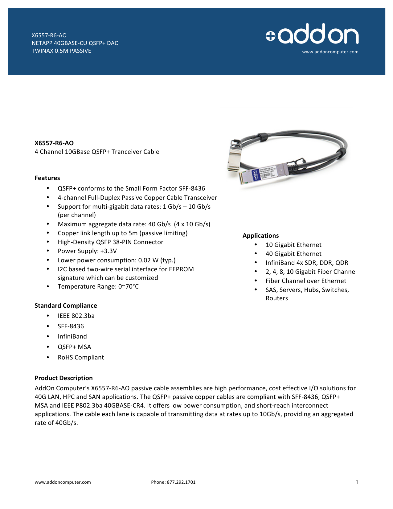 Addon-Networking SFF8436//IEEE 802.3Ba Twinaxial Cable X6557-R6-AO