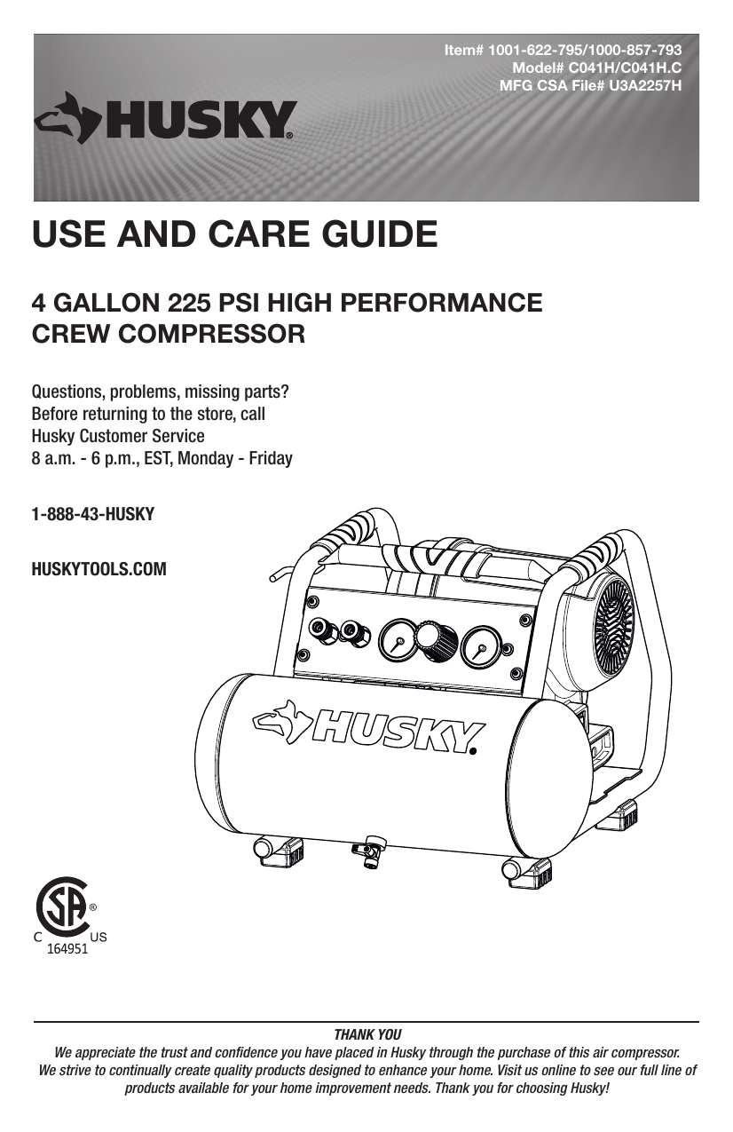 Husky 4 Gal. 225 PSI High Performance Crew Electric Portable Air ...