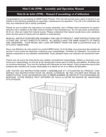 Mini Crib 5598 Assembly And Operation Manual Mini Lit De Bebe Manualzz