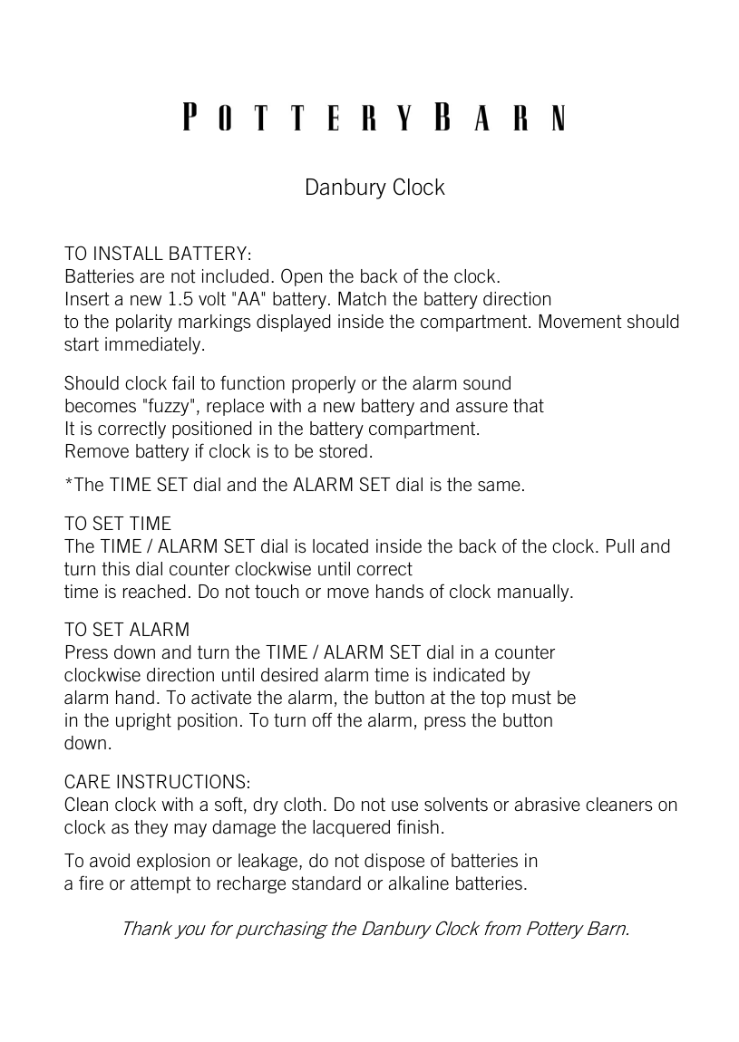 Danbury Clock Pottery Barn Manualzz