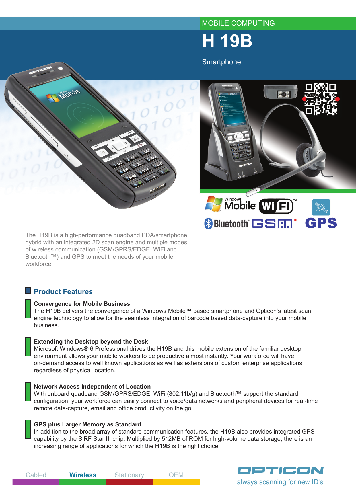 OPTICON H-19B H19B WM6.0 2.8" Barcode Phone Scanner 2D QR CMOS Imager EXCL BATT 