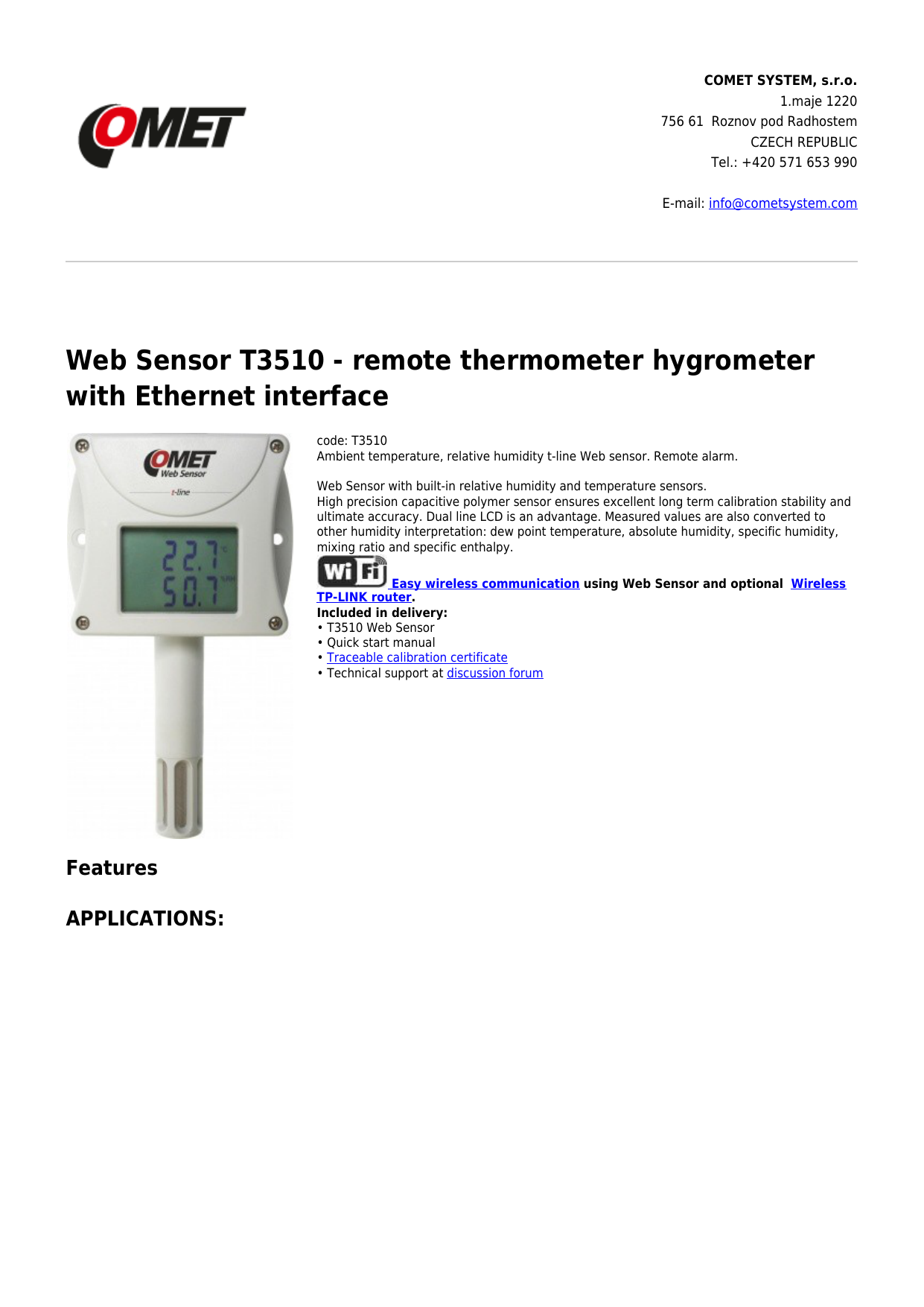 Comet WebSensor - remote CO2 concentration thermometer hygrometer