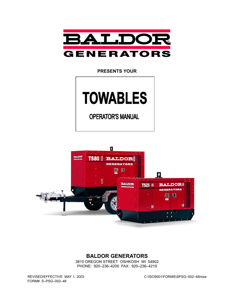 Baldor TS80T Towable Generator Operators Manual Manualzz