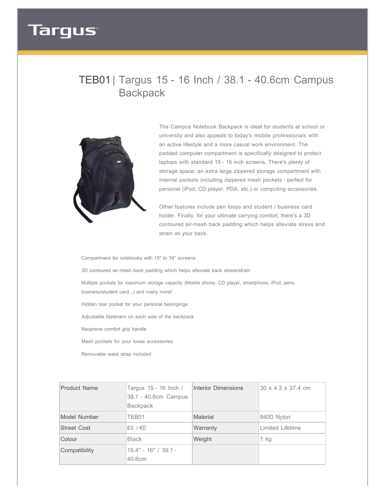 targus campus backpack