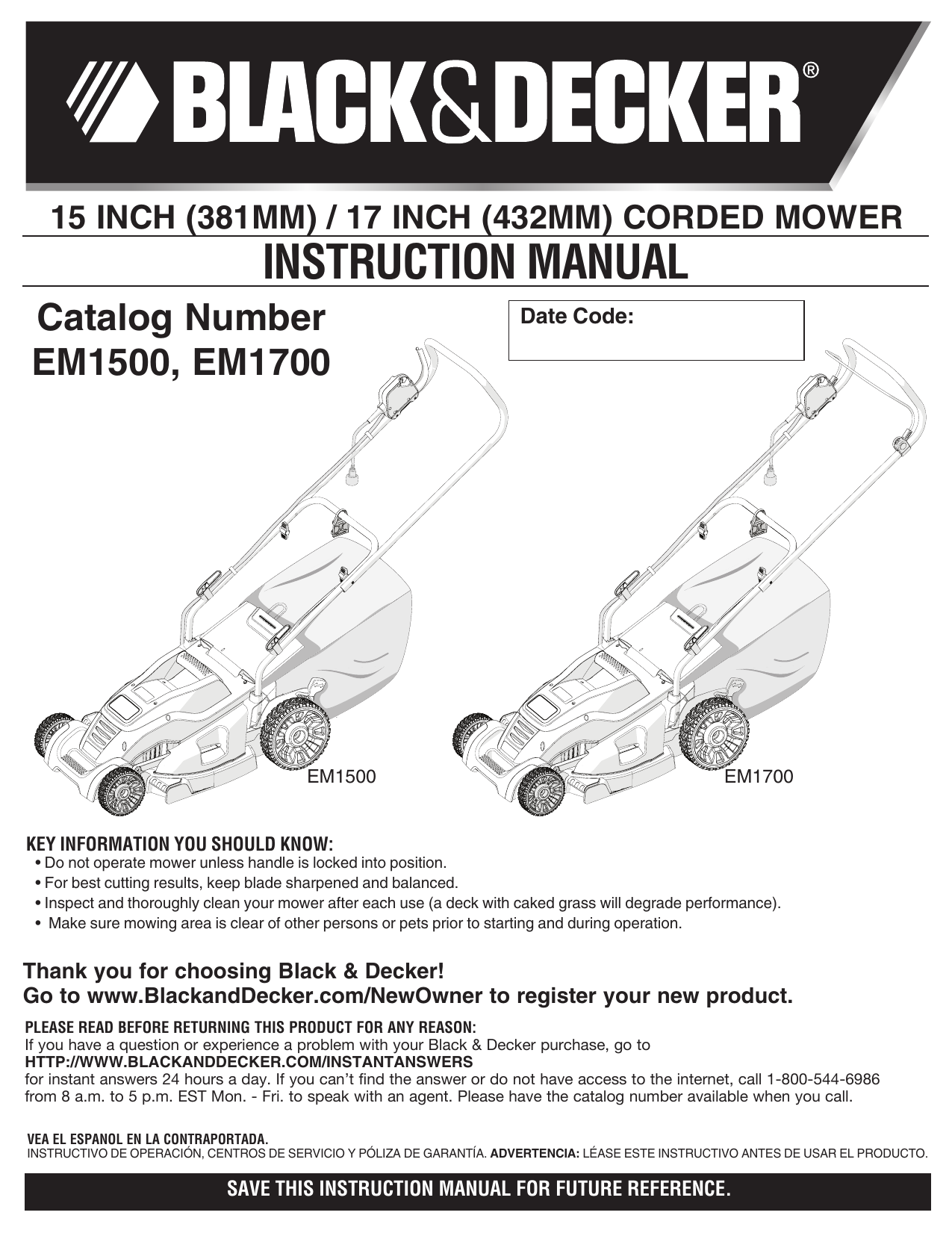 Black & Decker EM1500 Type 1 Parts Diagram for Mower