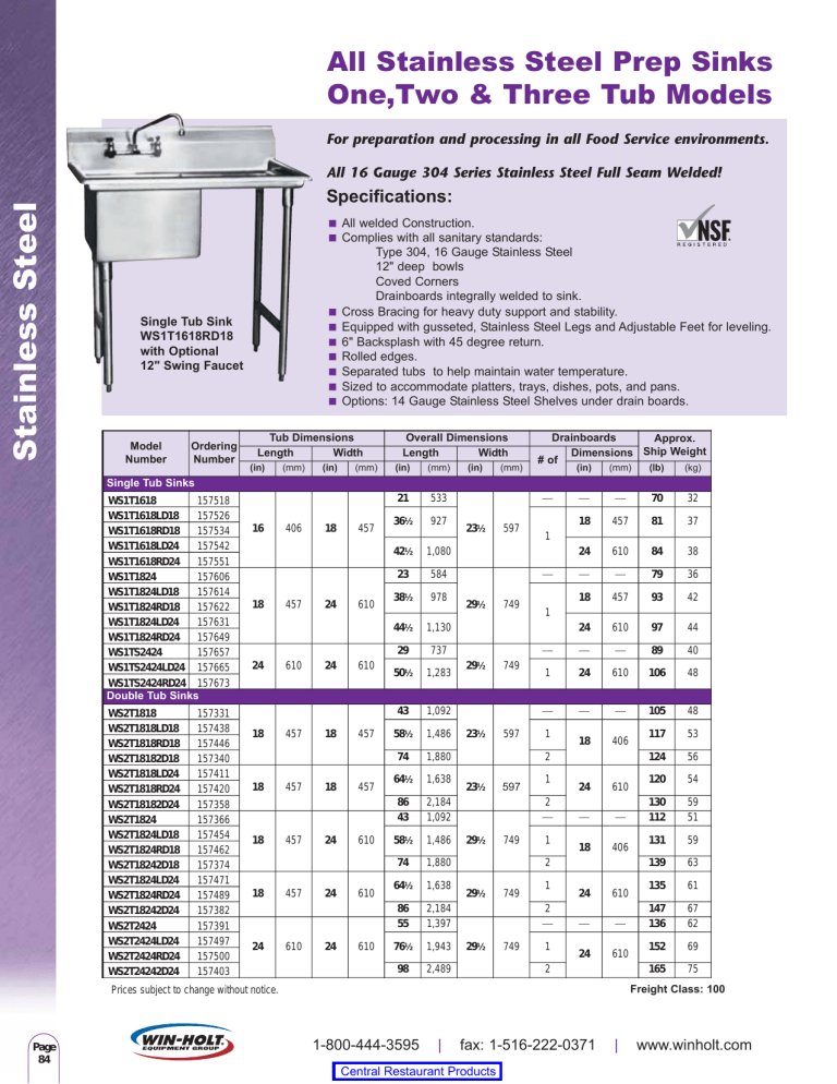 Winholt Stainless Steel Prep Sink WHPS1616 Spec Sheet Manualzz