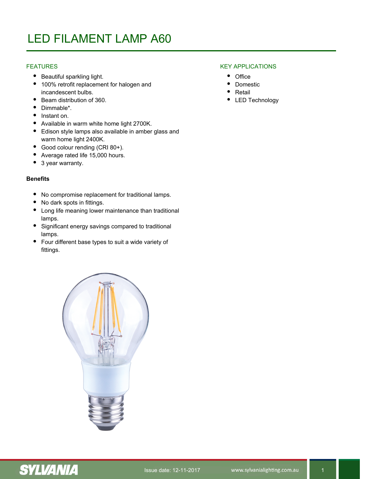 Led Filament Lamp A60 Sylvania Lighting Australia Led Filament Lamp A60 Sylvania Lighting Australia