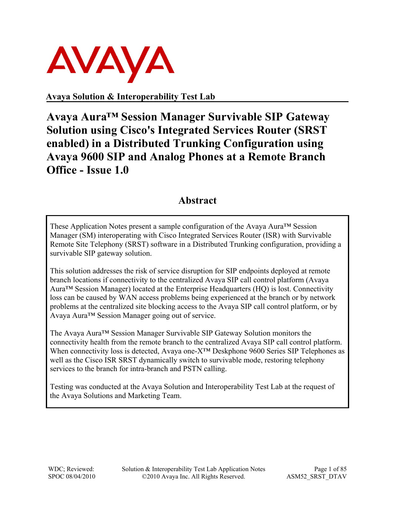 Avaya Aura™ Session Manager Survivable SIP Gateway Solution Manualzz