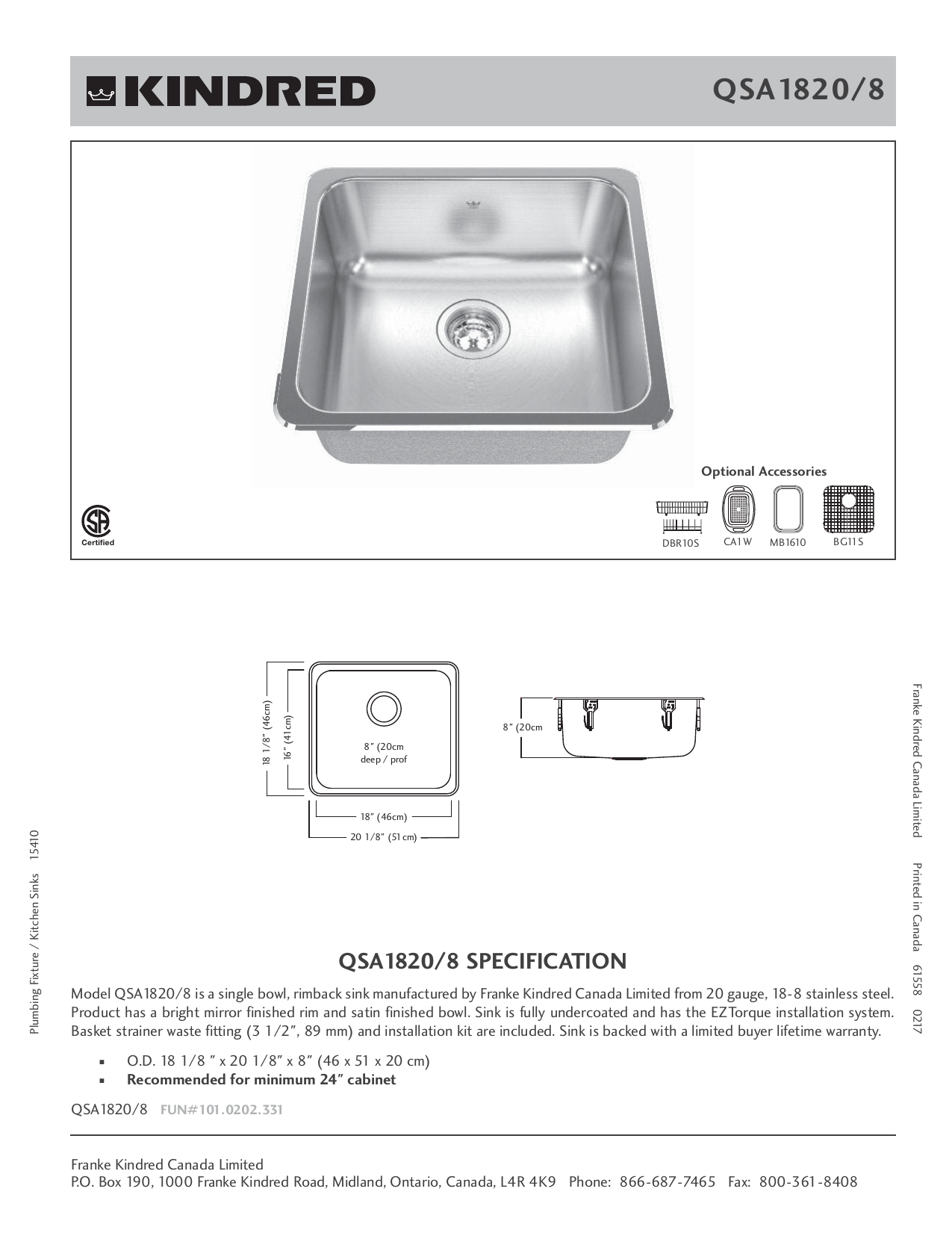 Qsa1820 8 Kindred Sinks Manualzz