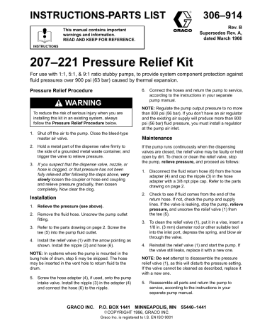 Graco 306914B 207-221 Pressure Relief Kit Owner's Manual | Manualzz