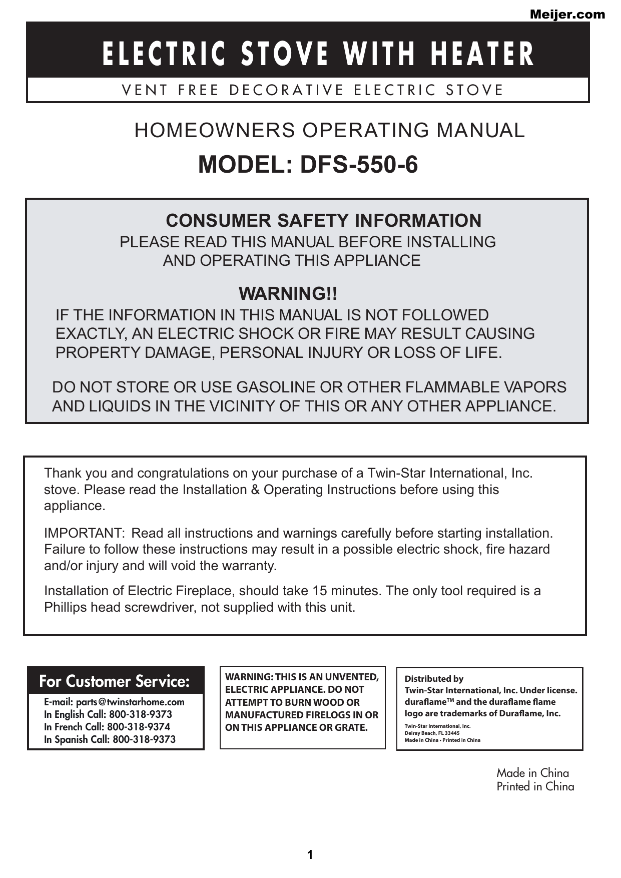 Twin-Star International DFS-550-6 Homeowners Operating Manual | Manualzz