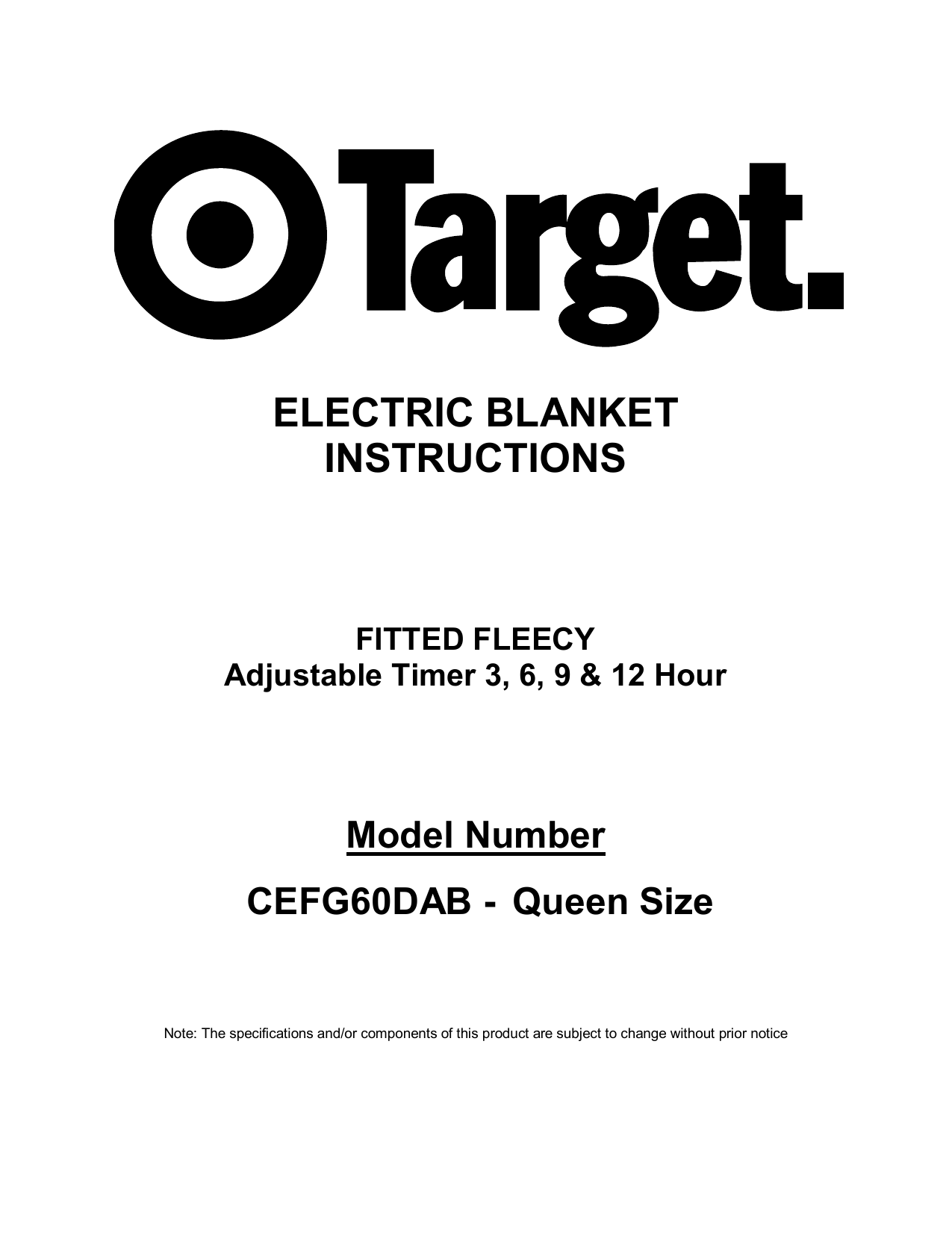 Target CEFG60DAB Instruction manual electric blanket instructions