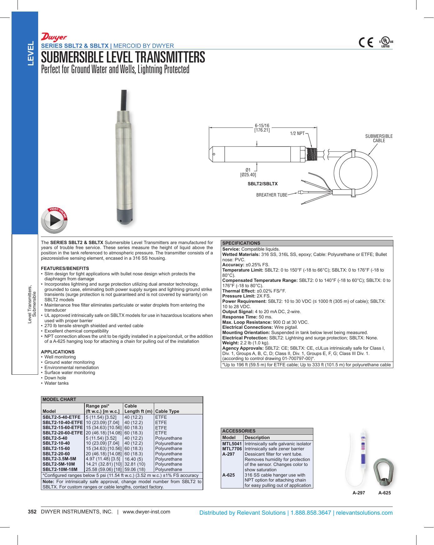 Dwyer Series SBLT2 Lightning /& Surge Protected Submersible Level Transmitter 10 psi Sensor 40 ft Polyurethane Cable