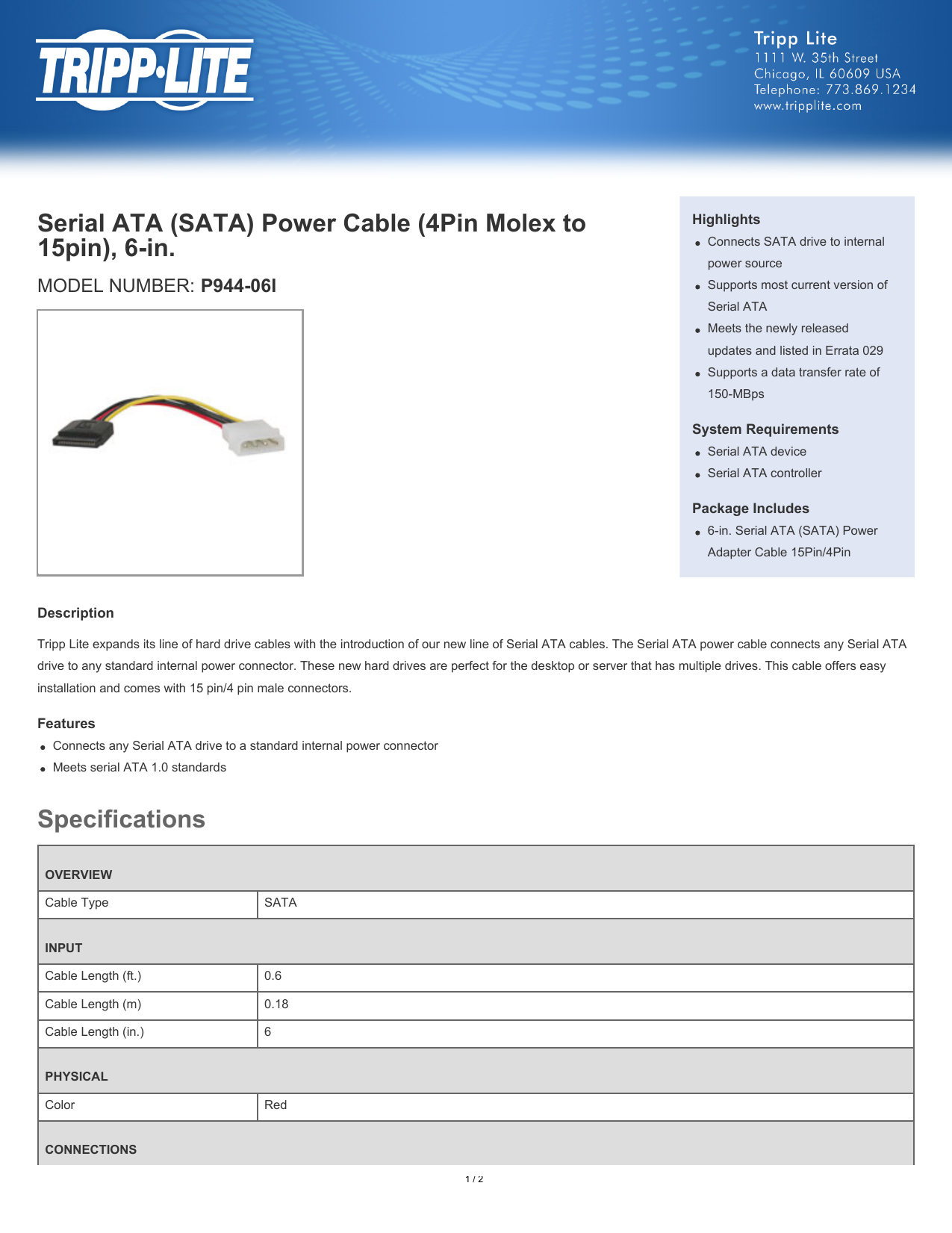 P946-12N-2P15 12-Inch TRIPP LITE Serial ATA SATA Dual Power Adapter Y Cable LP4 4-Pin 2x 15-Pin 