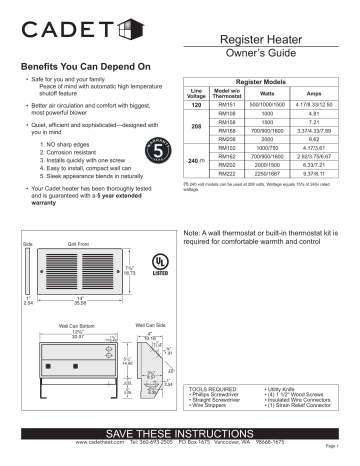Cadet RMC151W, RMC202W, RMC162W Installation Guide | Manualzz