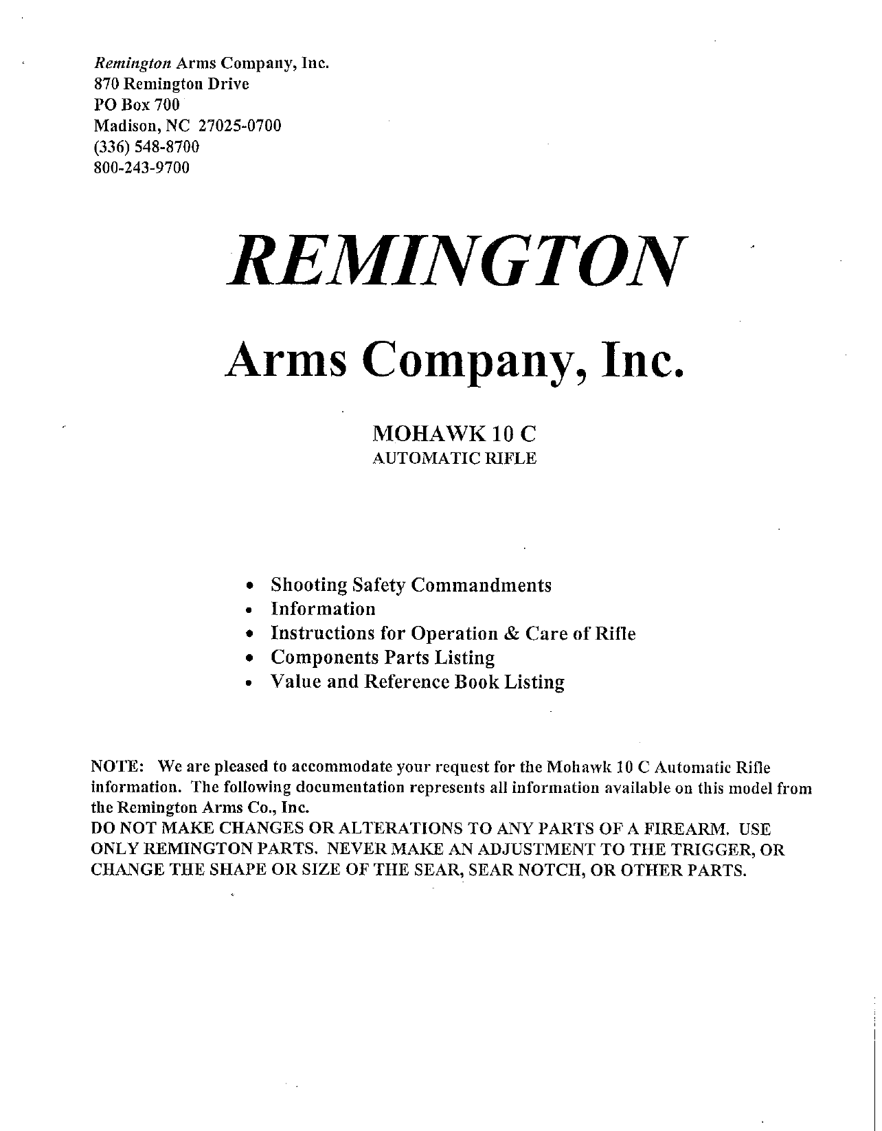 Remington Model Nylon 10 C Mohawk Owners Manual Reproduction 