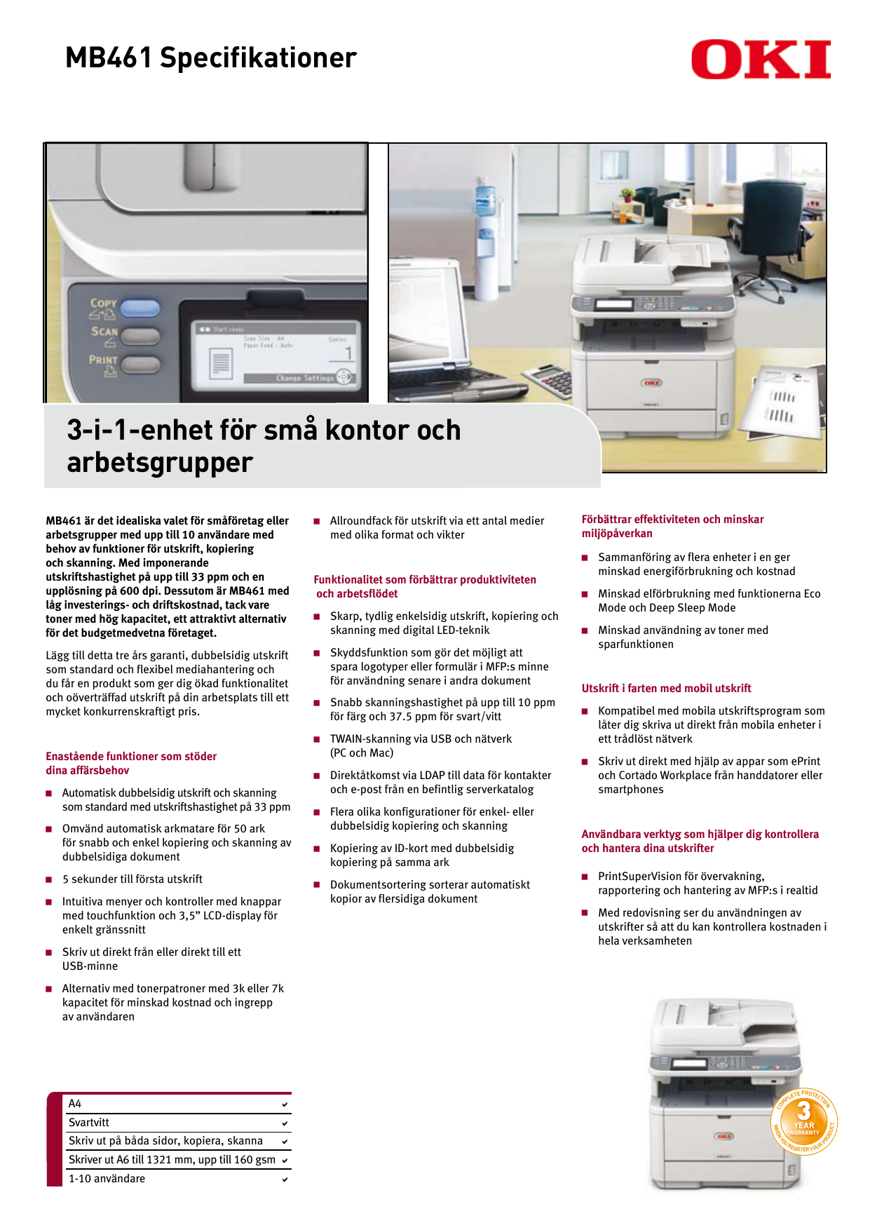 Mb461 Specifikationer 3 I 1 Enhet For Sma Kontor Och Arbetsgrupper