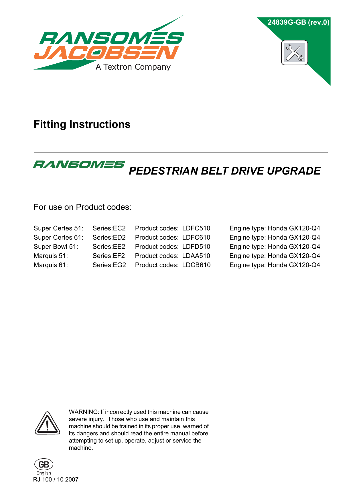 Fitting Instructions PEDESTRIAN BELT DRIVE UPGRADE Manualzz