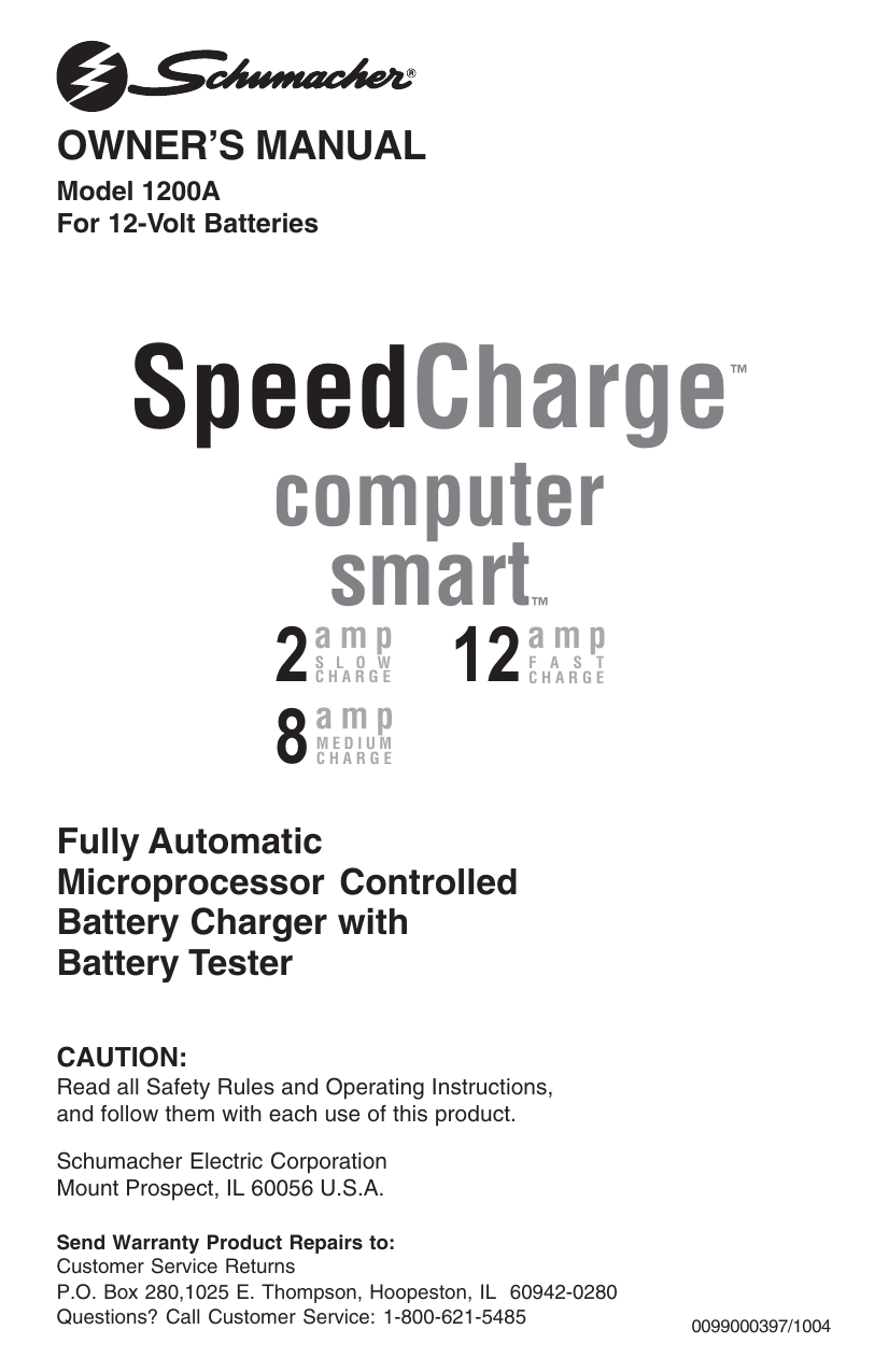 Schumacher SpeedCharge 1200A Owner's Manual | Manualzz