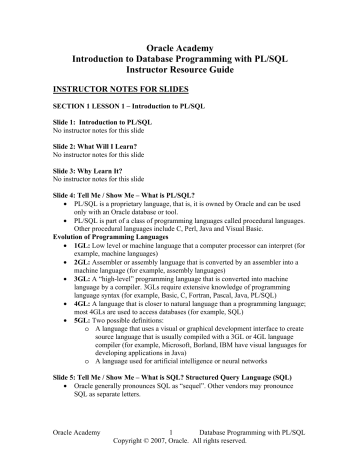 Oracle Academy Introduction To Database Programming With Pl Manualzz