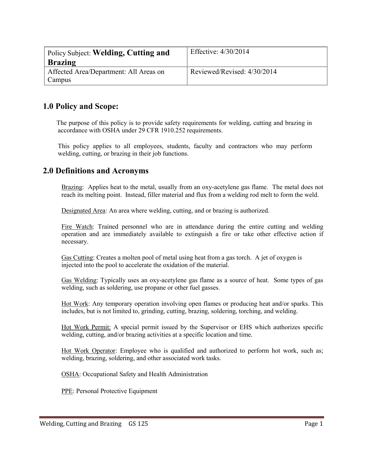 Policy Subject Welding Cutting And Brazing 1 0 Manualzz