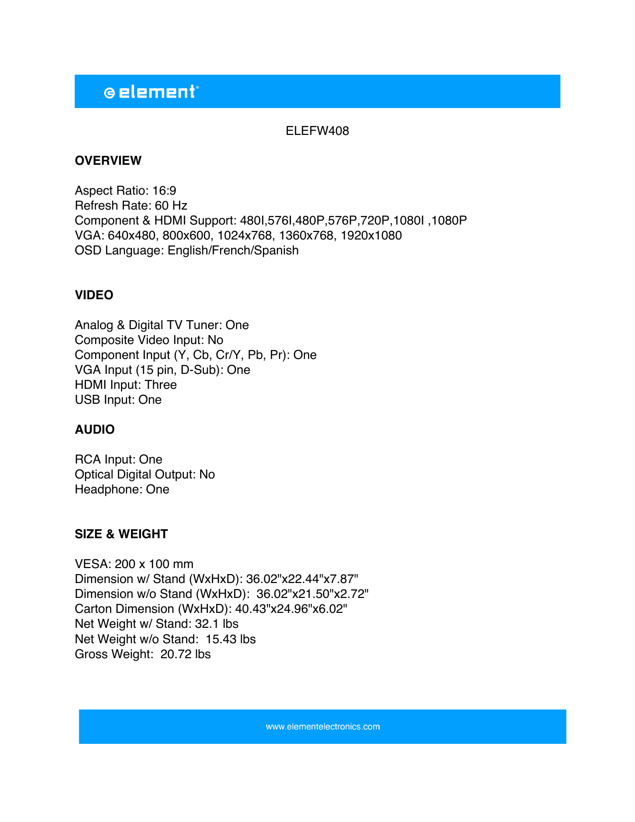 Elefw408 Overview Aspect Ratio 16 9 Refresh Rate 60 Av Iq Manualzz