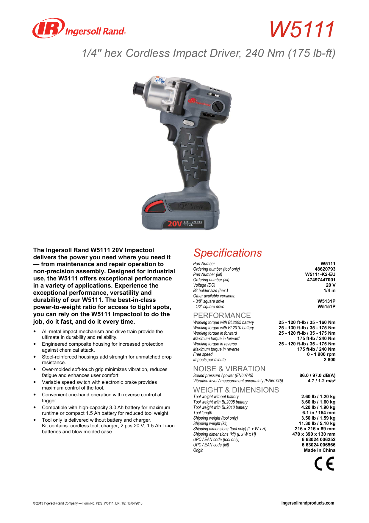 INGERSOLL RAND W5111 20Volt 1/4" Cordless Impact Driver Cordless