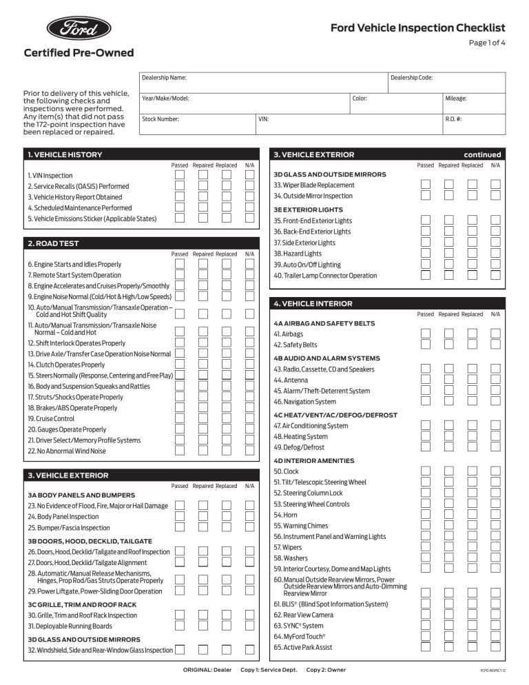 Ford Vehicle inspection checklist | Manualzz