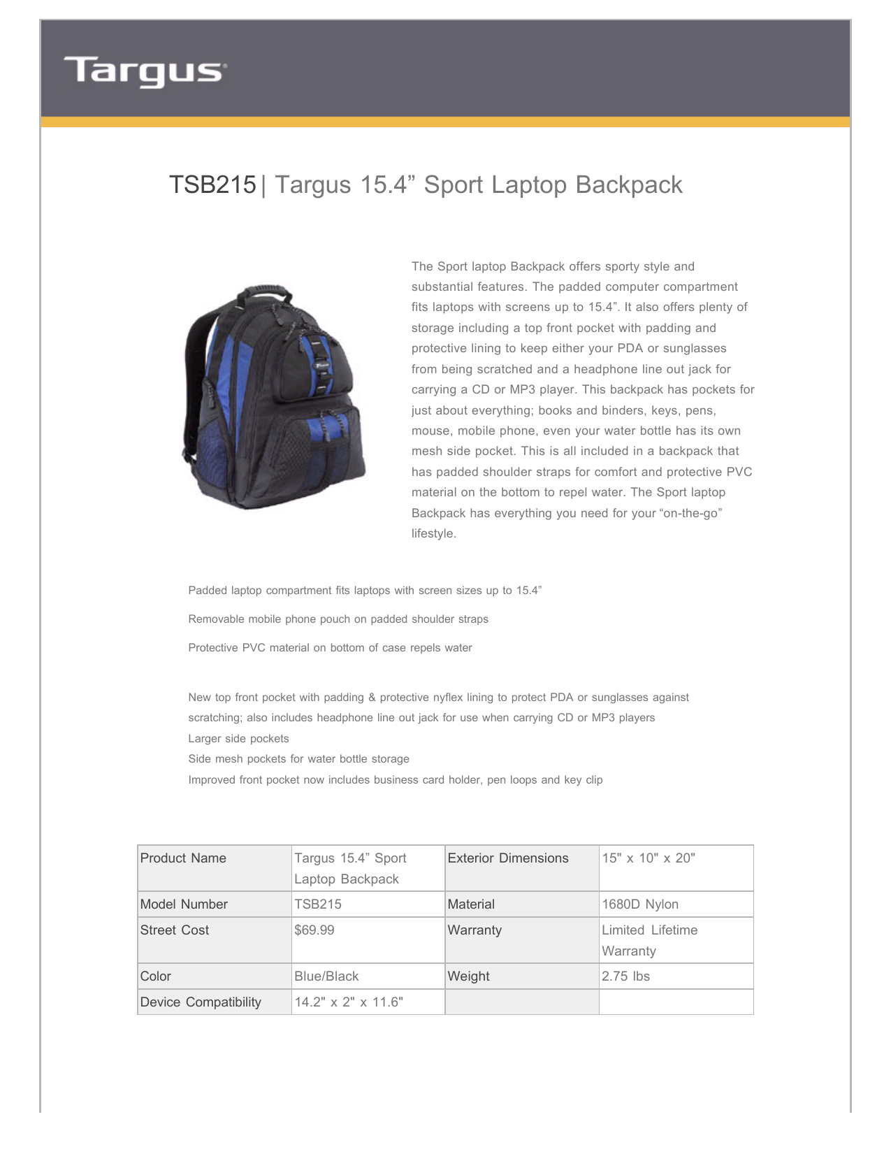 targus 15.4 sport backpack