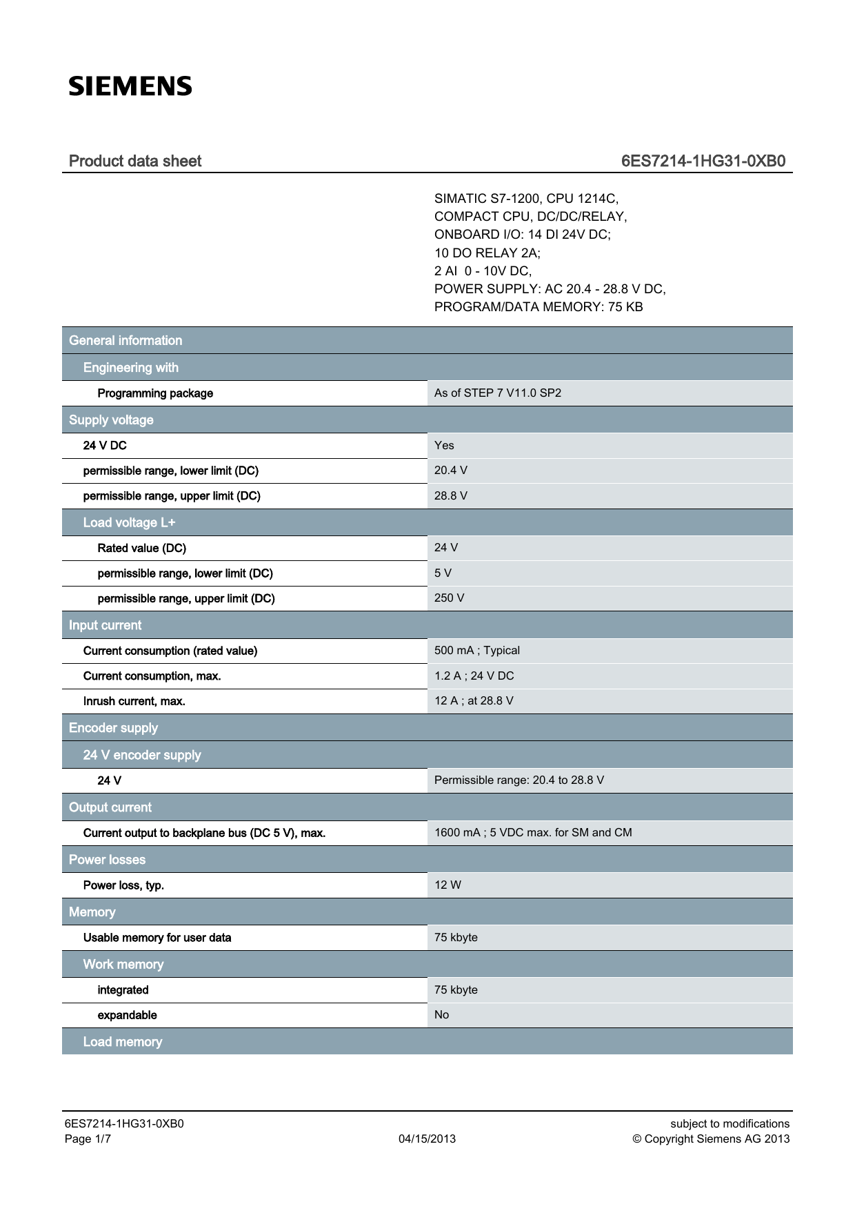 Product data sheet 6ES7214-1HG31-0XB0 | Manualzz