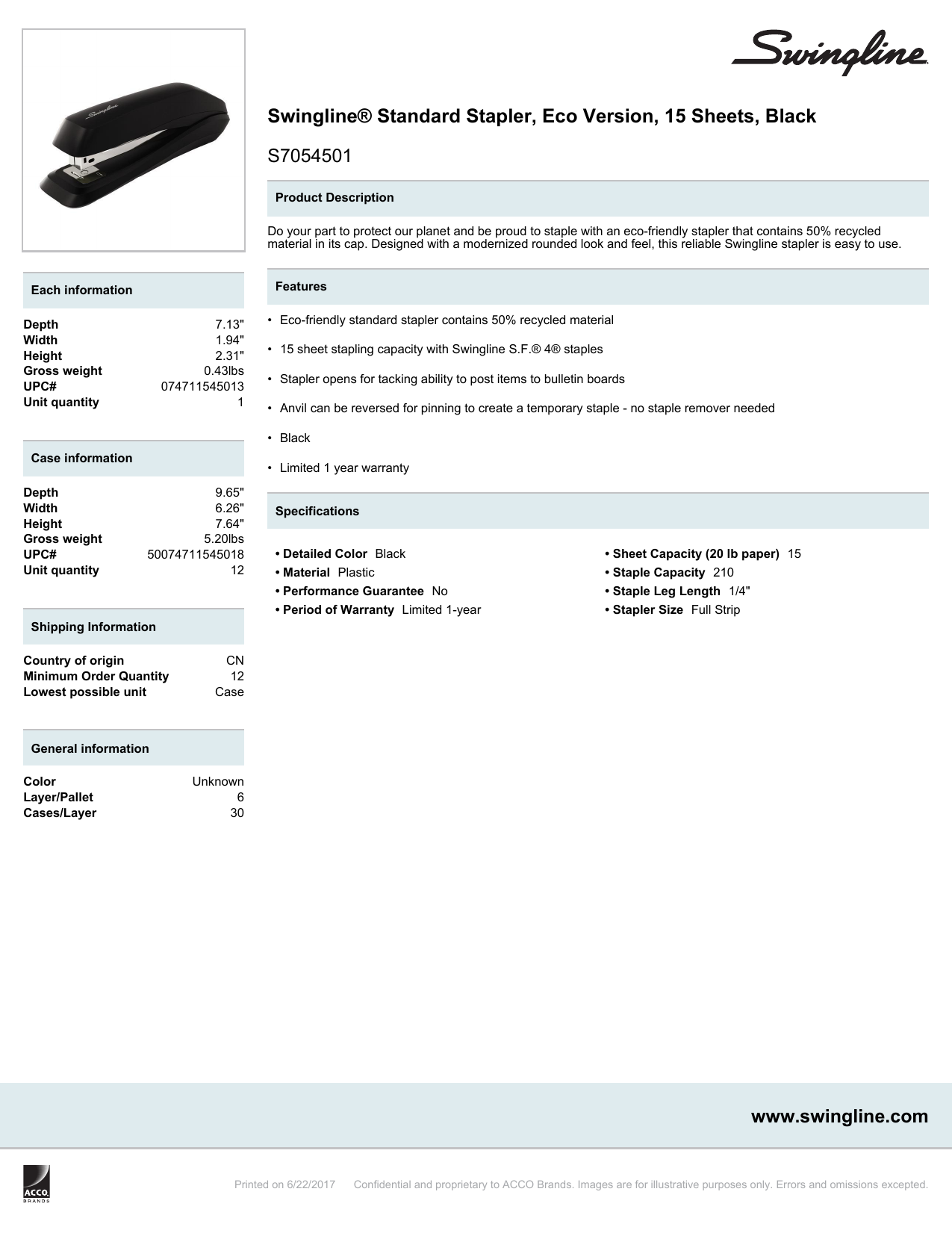 Swingline Standard Stapler Eco Version 15 Sheets Black S7054501 for sale online 