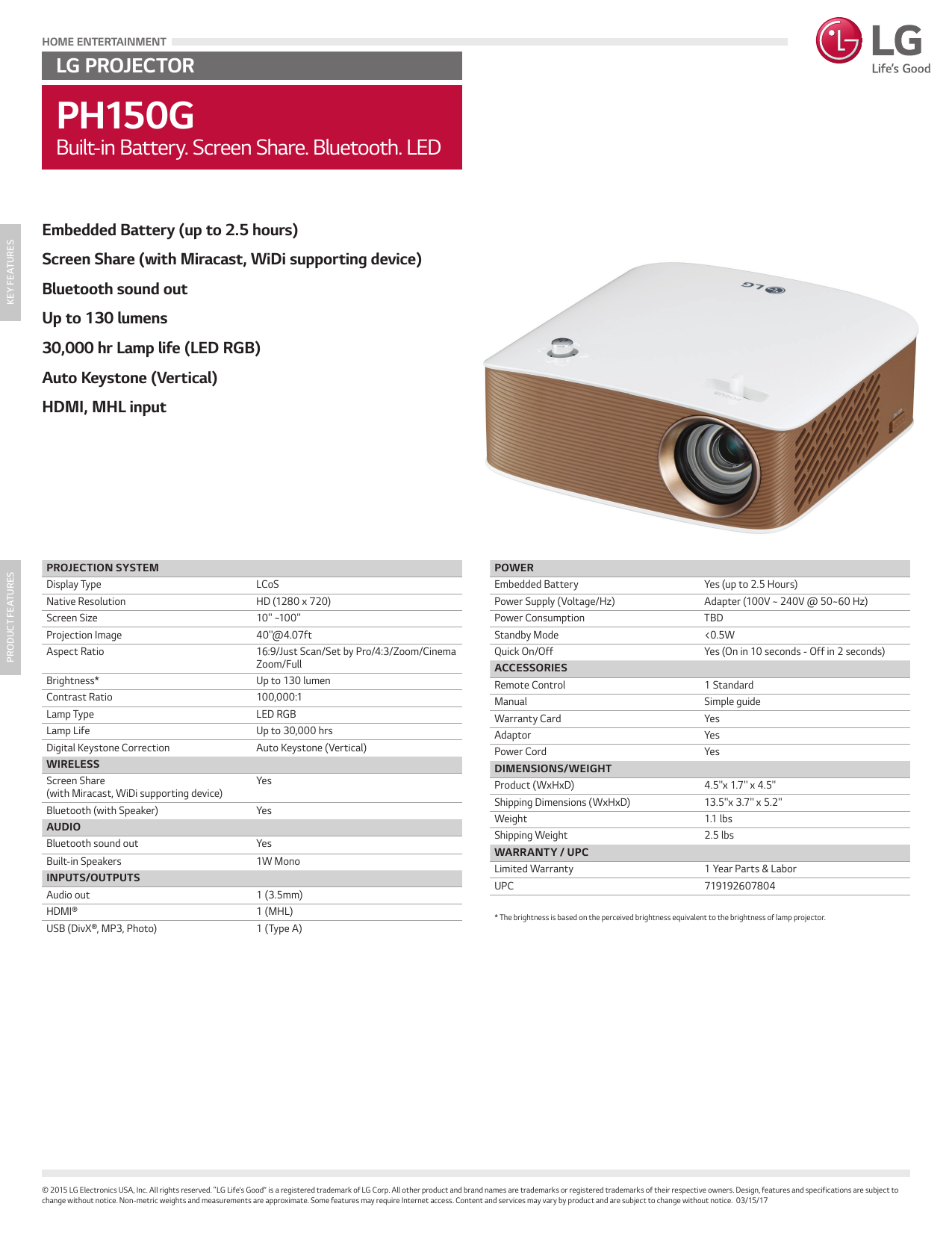 LG PH150G Projector Product sheet | Manualzz