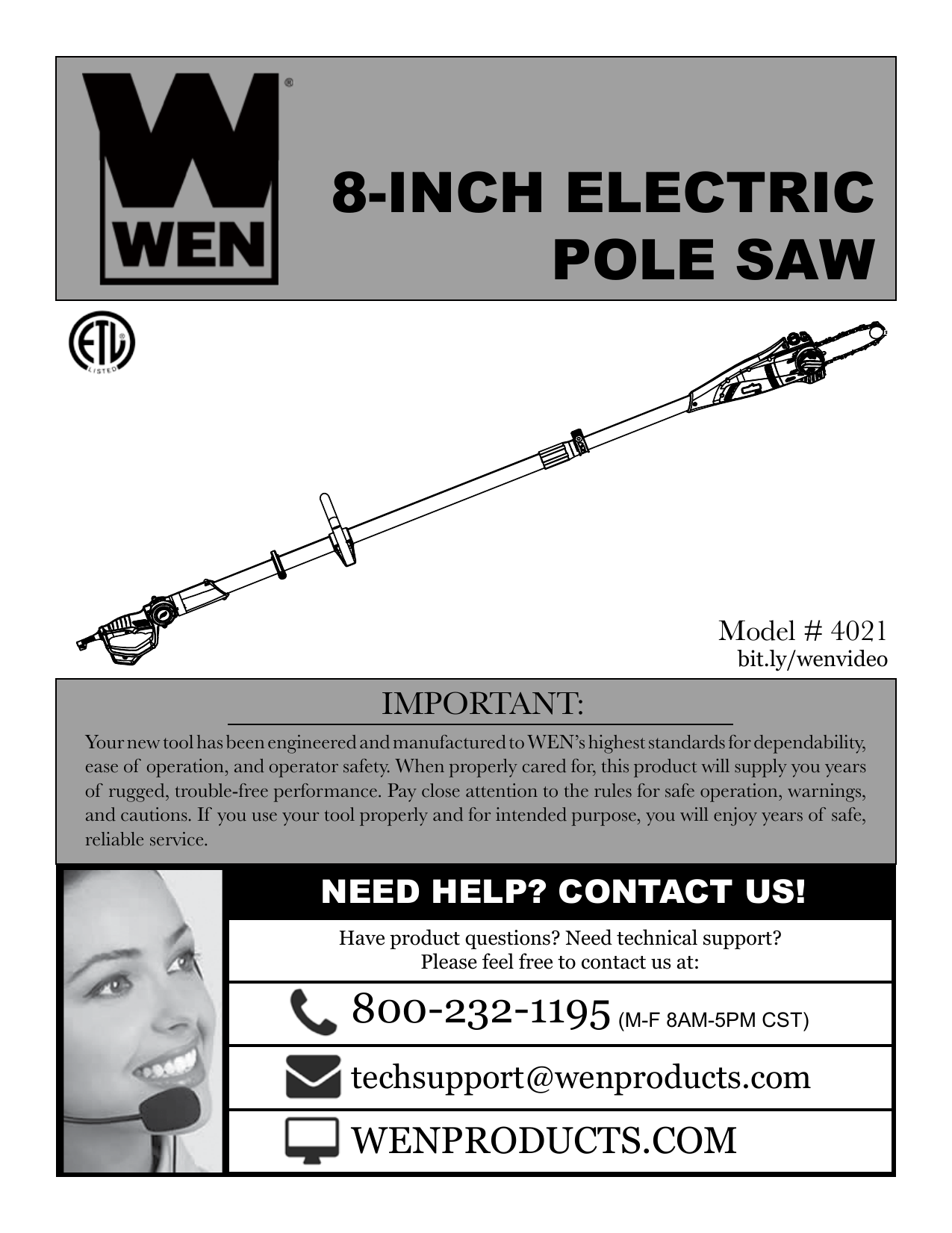 WEN 4021 8-Inch 6.5A Electric Pole Saw with 9-Foot Reach