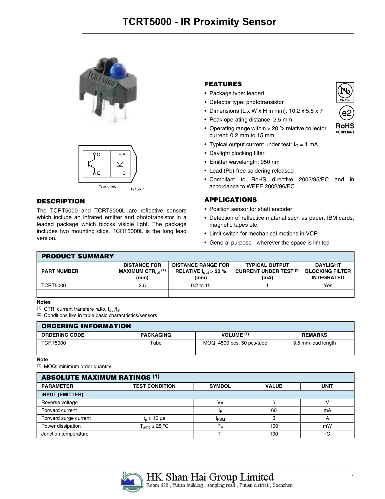 1 transistor O//P Vishay Tcrt5000/ Sensor optique
