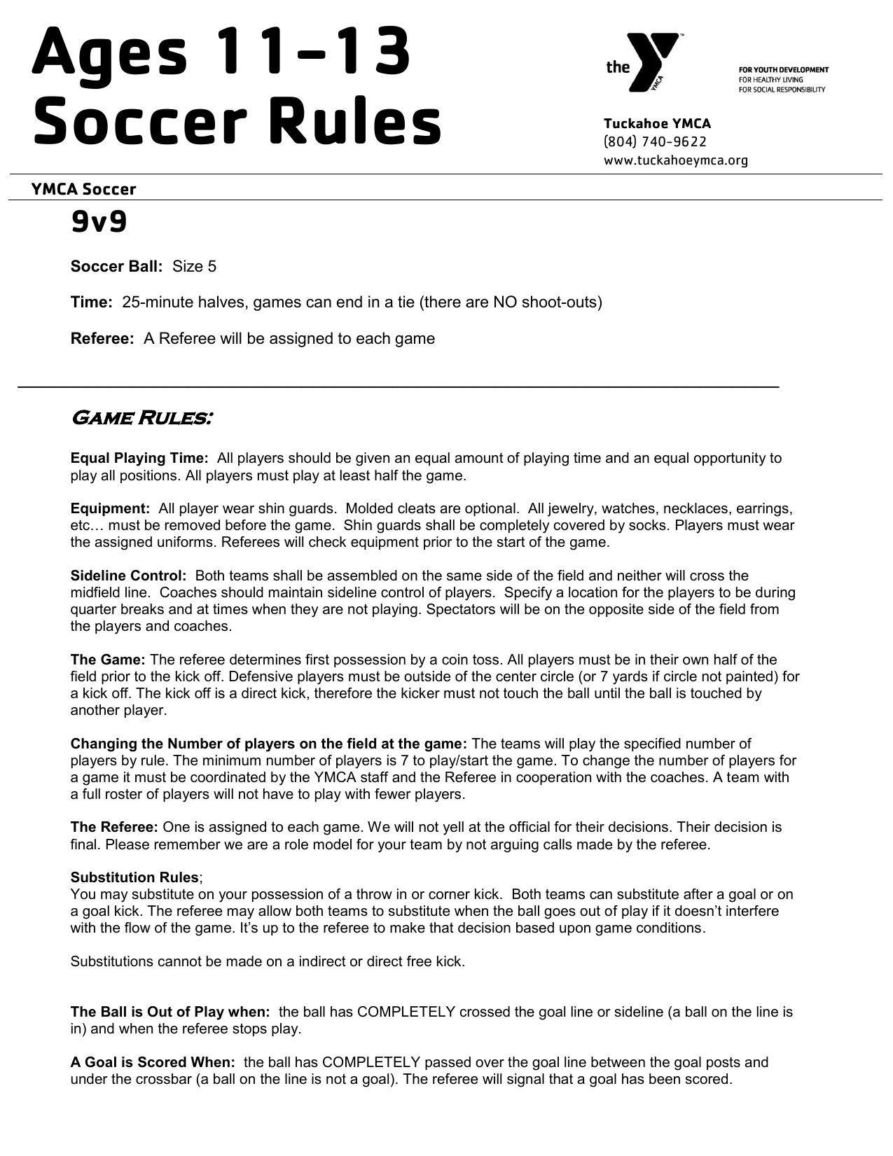 rules of soccer on Ages 11 13 Soccer Rules Ymca Of Greater Richmond Manualzz