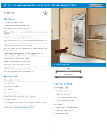 Sub-Zero BI30UGSPHRH Built-In Refrigerator Specification | Manualzz