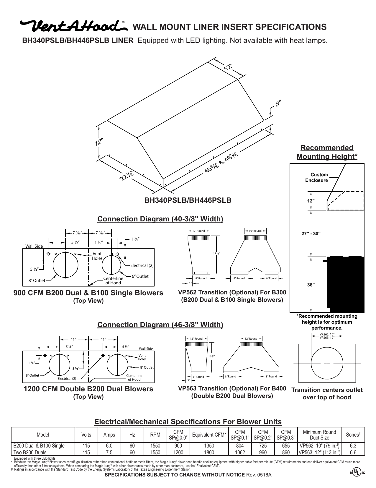 bpslb wall mount liner insert specifications VentAHood Manualzz