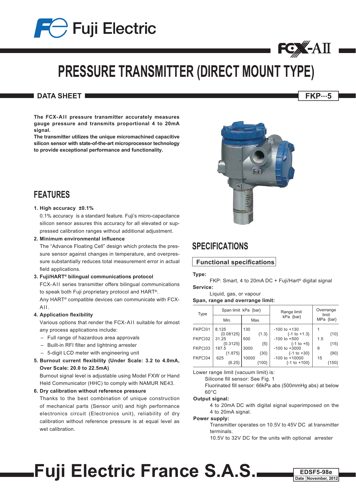 Fuji Electric FKP pressure transmitter Datasheet Manualzz