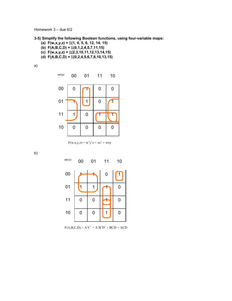 Due 6 2 3 5 Simplify The Following Boolean Functions Using Four Manualzz