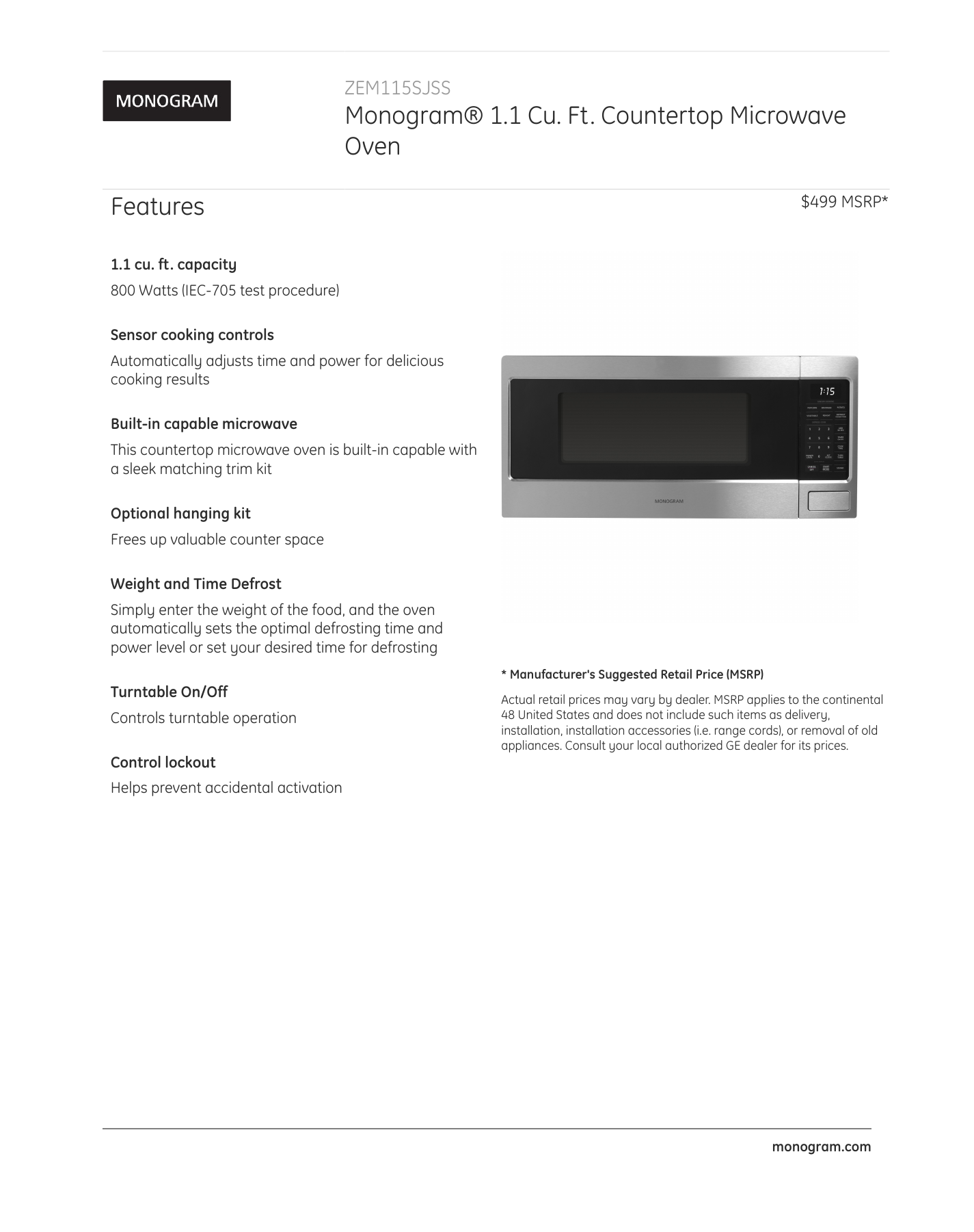 Monogram 1 1 Cu Ft Countertop Microwave Oven Manualzz Com
