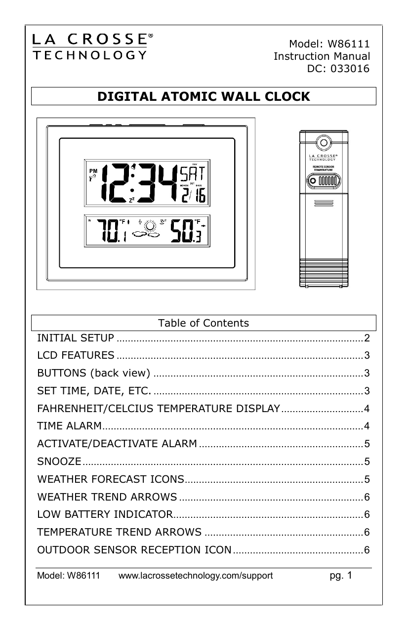 La Crosse Technology W86111 Atomic Digital Wall Clock Product Manual