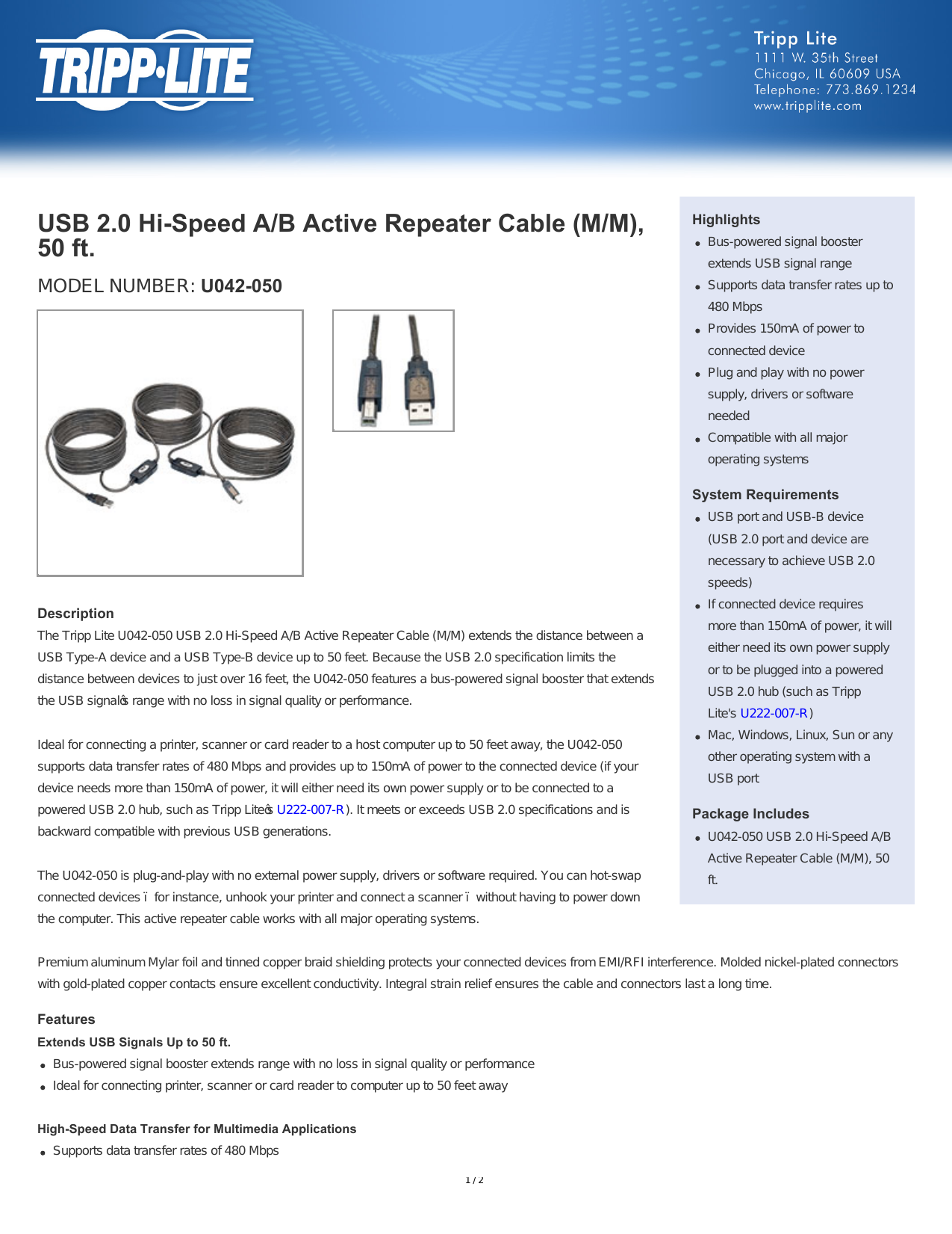 Usb 2 0 Hi Speed A B Active Repeater Cable M M 50 Ft Manualzz