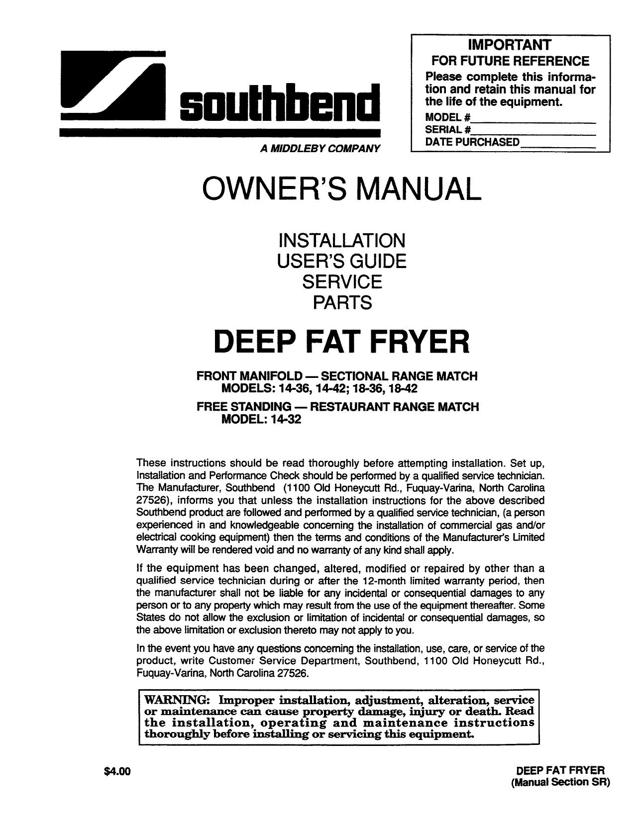 Deep Fat Fryer Owner`s Manual Commercial Appliance Service, Inc