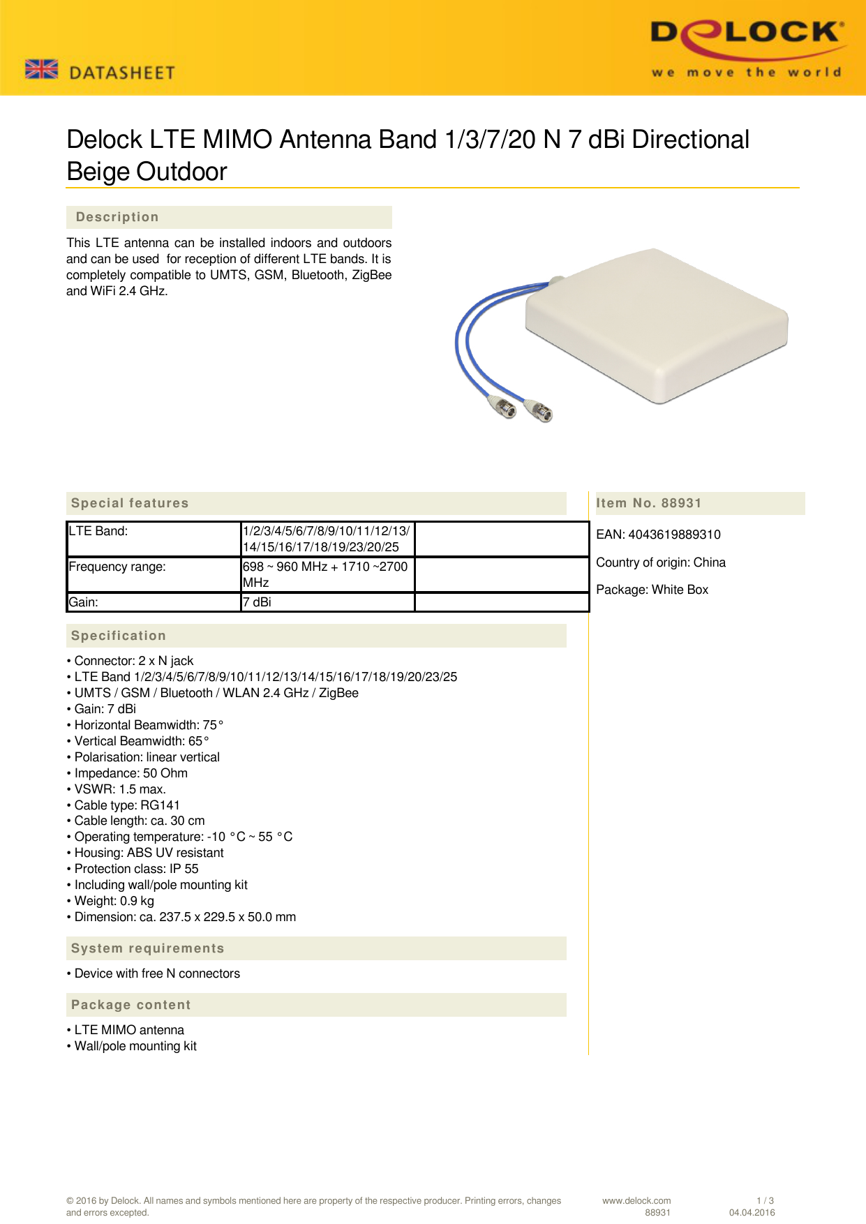 Delock Lte Mimo Antenna Band 1 3 7 20 N 7 Dbi Directional Beige Manualzz