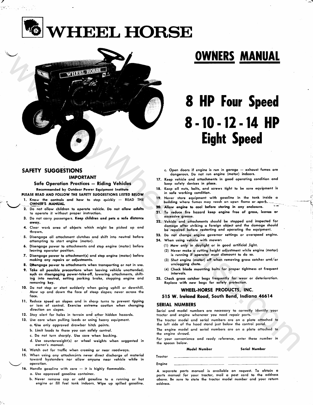 Wheel Horse Lawn Tractor Parts  Manual Model No 1-7741 