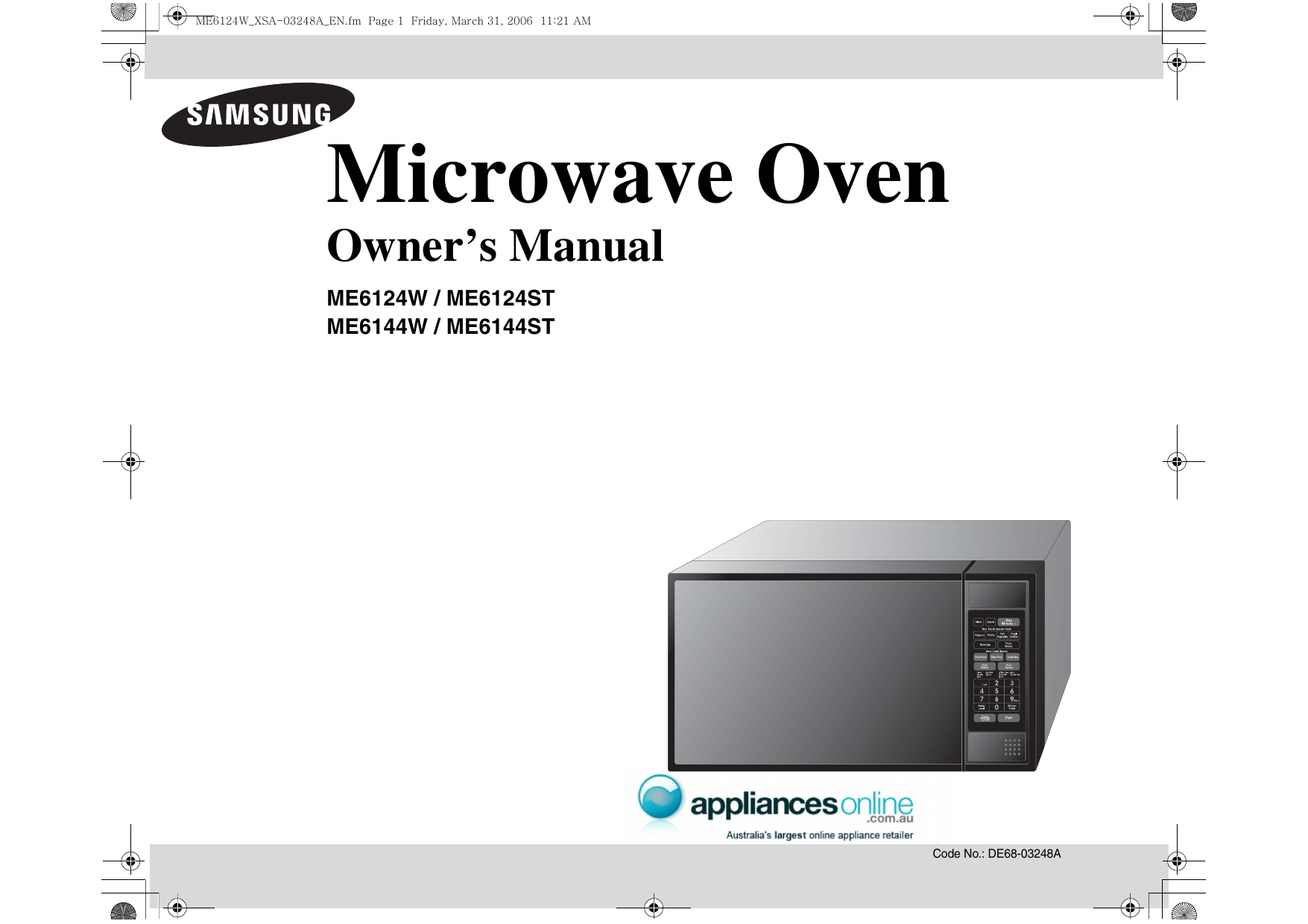 Samsung ME6144ST 40L 1000W Microwave User Manual Manualzz