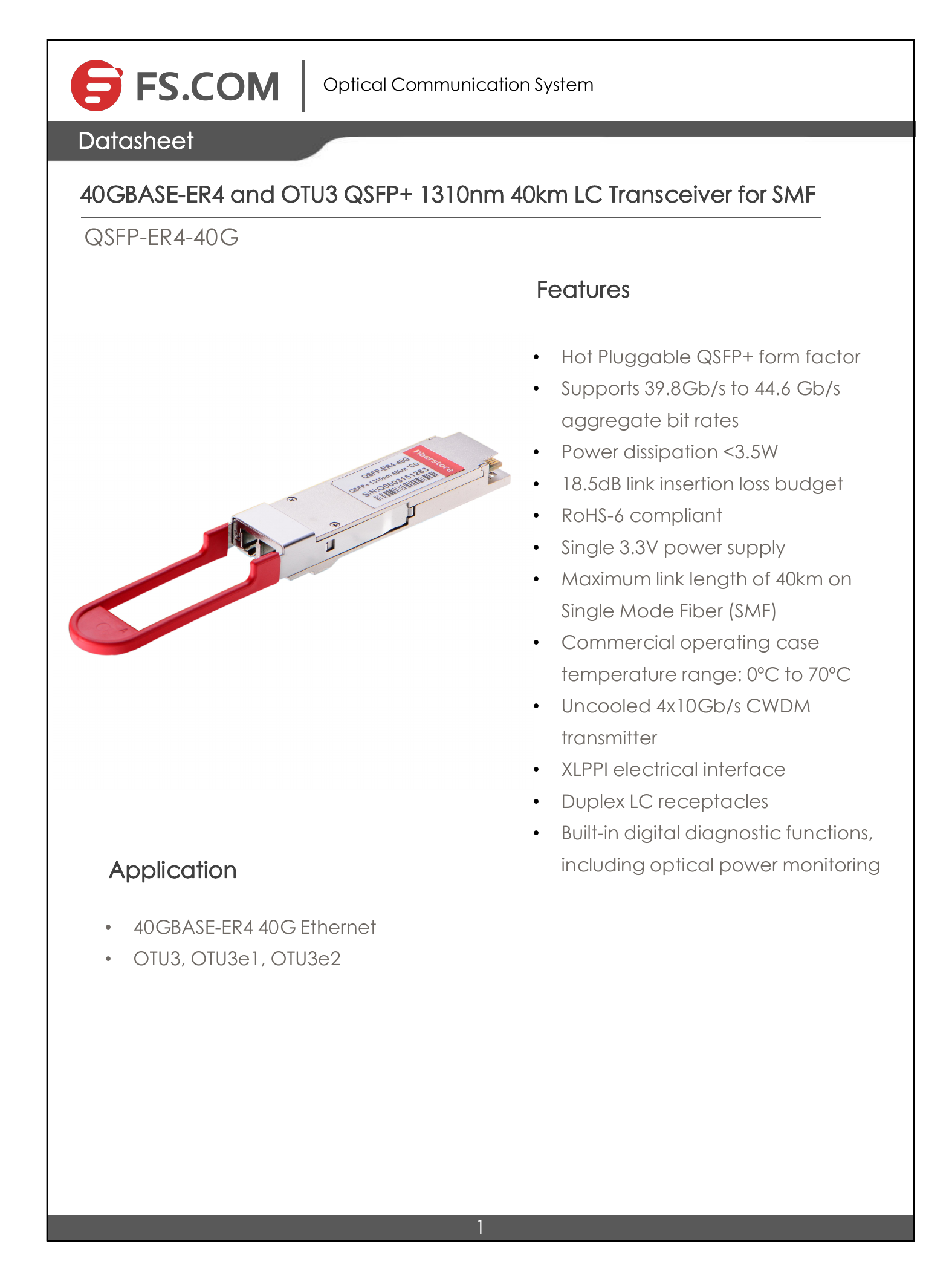 40G QSFP+ ER4 Transceiver Datasheet Manualzz