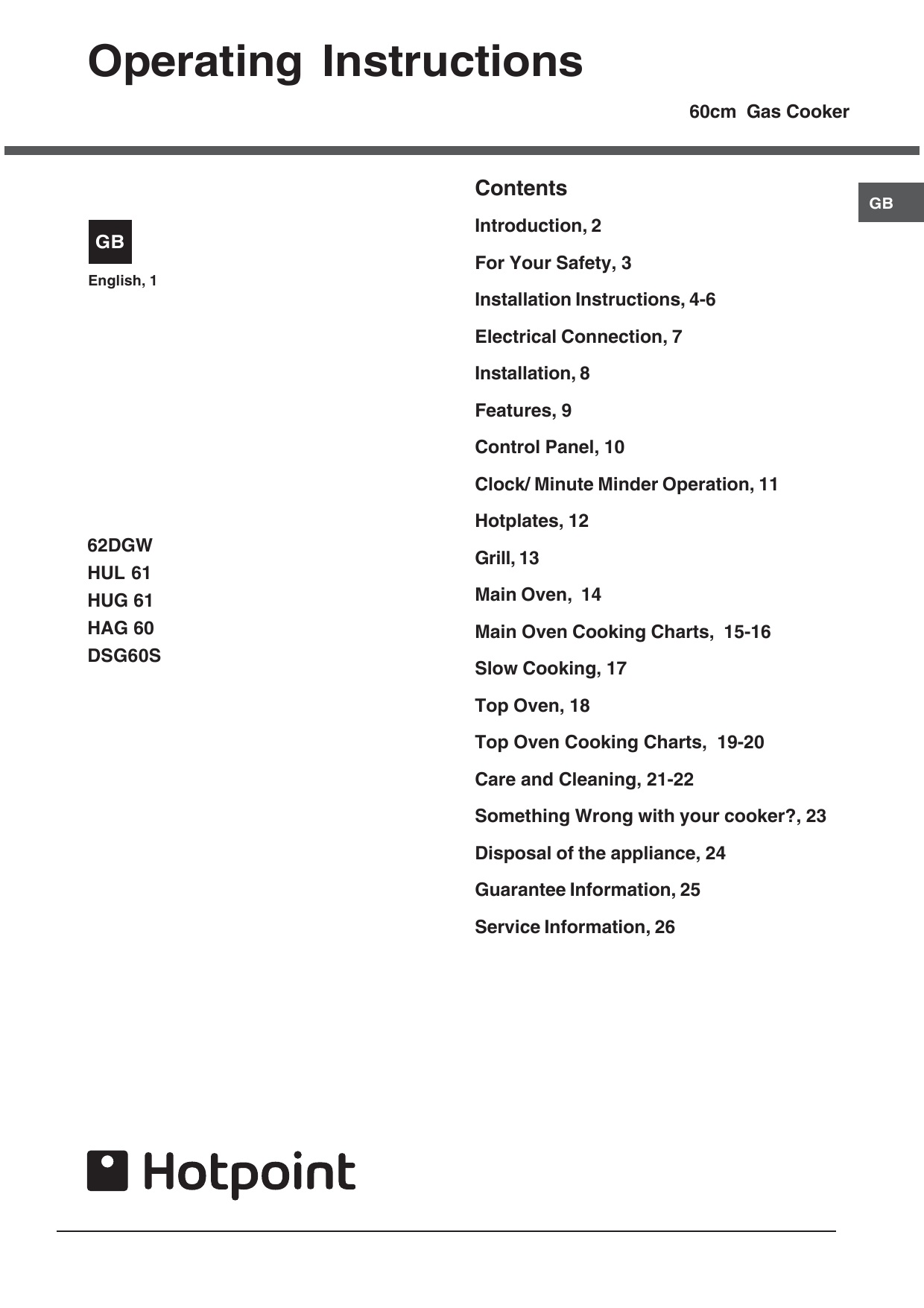 hug61 gas cooker manual