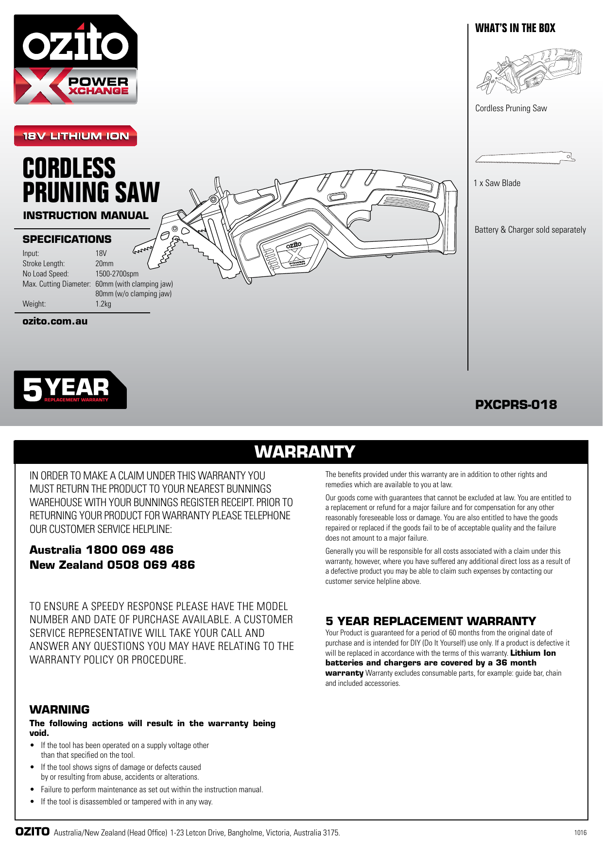 Ozito PXCPRS 018 PXC 18V Pruning Saw Product Manual Manualzz